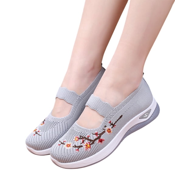Easy Slip-On Daily Walking Shoes, Women's Orthopedic Walking Shoes for Nurses With Arch Support - Flower Embroidered Slip On Sneakers Featuring Breathable Knit Upper, Gray 7