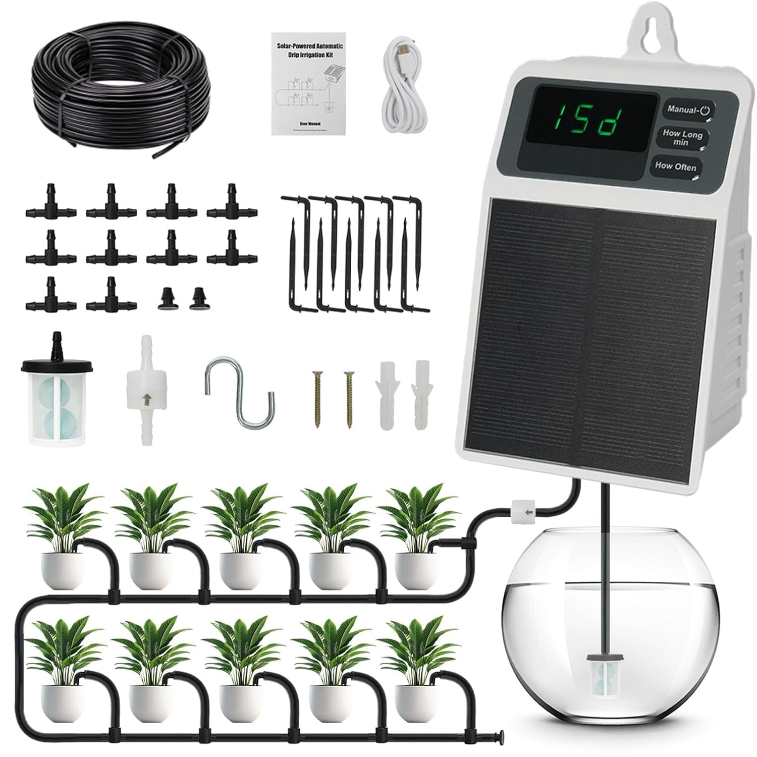Easy Solar-Powered Drip Irrigation Kit - Automatic Watering System for Garden, Patio & Houseplants - Includes Water Pump, 33ft Tubing, 10 Drippers - Saves Time & Water