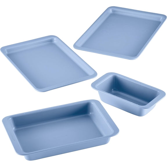 Easy Solutions Nonstick Baking Set, Includes Cookie Pans, Loaf Pan, and Cake Pan with Portion Marks, 4 Piece, Non Stick Bakeware Set - Blue