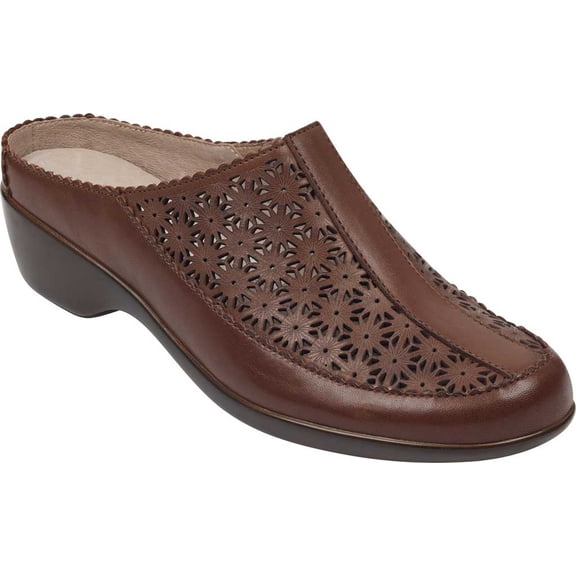 EASY SPIRIT Womens Brown Perforated Clog Scalloped Arch Support Cushioned Dusk Wedge Slip On Leather Heeled Mules Shoes 6.5 M