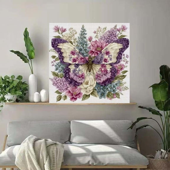 Easy Stamped Needlepoint Kit, Beautiful Butterfly & Flower Cross Stitch, 11CT Embroidery Craft for Daily Relaxation & Home Decoration 14x14 Inch,A