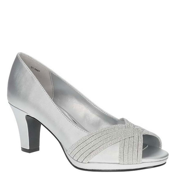 Easy Street Women's Lavish Platform Peep Toe Pumps Color: Silver Satin Size: 7.5