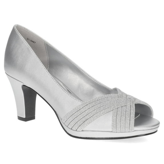 Easy Street Women's Lavish Platform Peep Toe Pumps Color: Silver Satin Size: 8