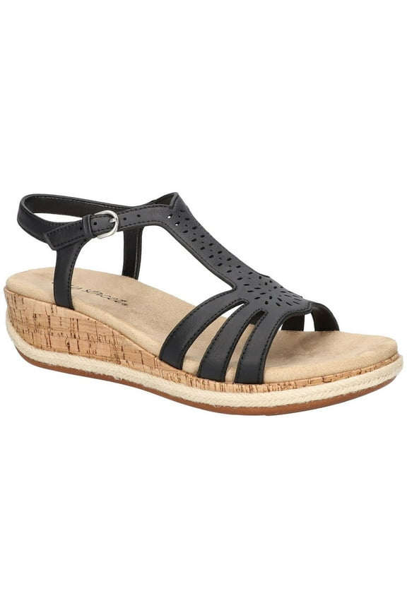 Womens Dorinda Faux Leather T-Strap Wedge Sandals