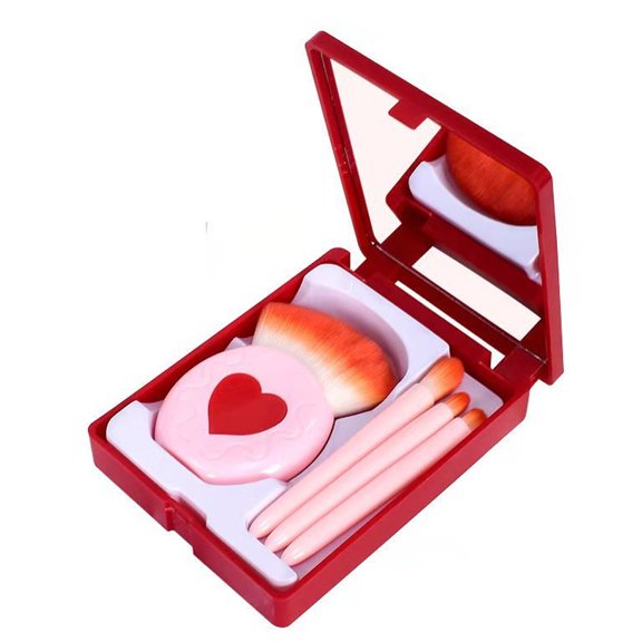 Easy-Taken Travel Makeup Brush Set, 5Pcs Mini Complete Function Cosmetic Brushes Kit With Mirror-Red