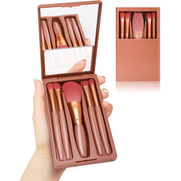 Easy-Taken Travel Makeup Brush Set, PandaTop Compact Makeup Mirror, 5pcs Mini Complete Function Cosmetic Brushes Kit for Christmas Gift (Brown)