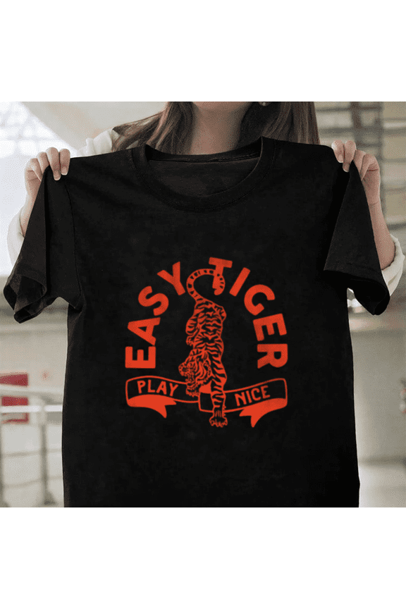 Easy Tiger Play Nice Cool Retro Red Tiger Distressed Graphic Unisex T-Shirt, up to size 3XL.