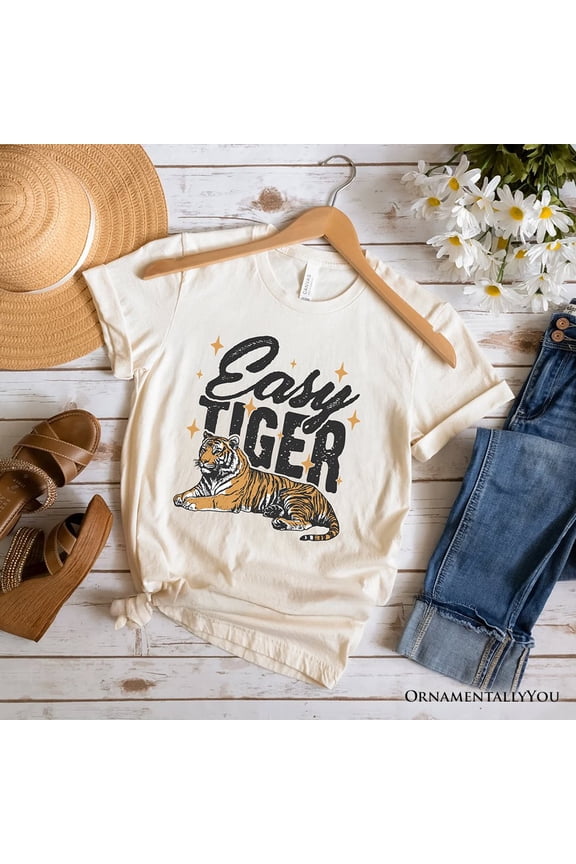 Easy Tiger Retro Grunge T-Shirt, Vintage White and Natural Tee With Wild Animal