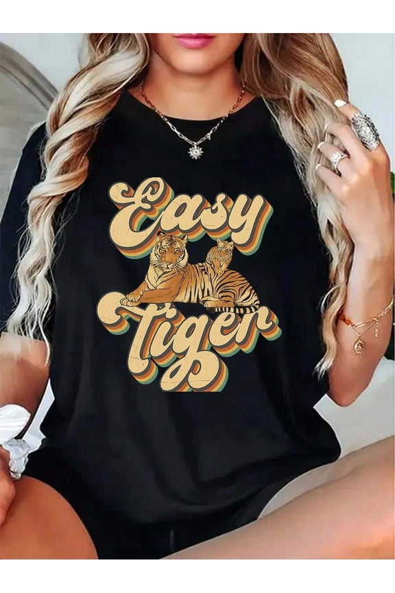 Easy Tiger  Retro Style With Tigers Womens Tshirt  Grey White  Dark Red