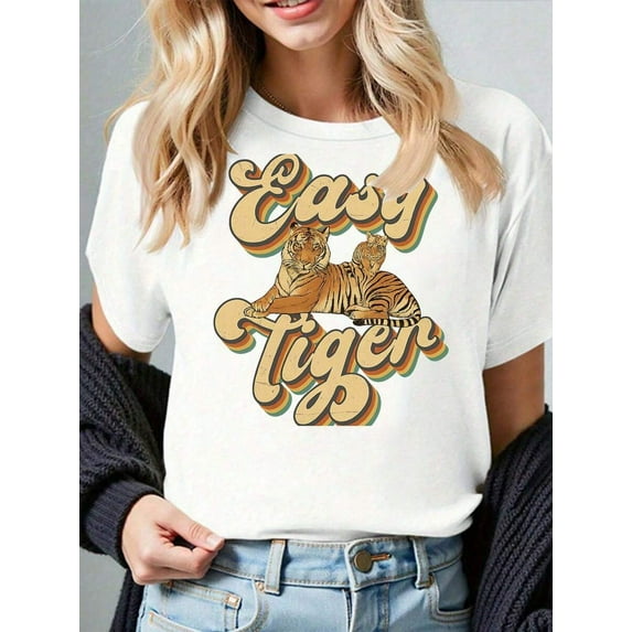 Easy Tiger Retro Style With Tigers Womens Tshirt Grey White Dark Red
