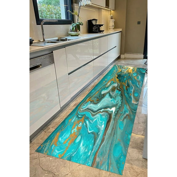 Easy To Clean Rug, Custom Rug, Wedding Rug, Gift Rug, Blue And Gold Marble Rugs, Gold Marble Rug, Alcohol Ink Rug, Pet Friendly Rug, 3.3'x6.5' - 100x200 cm