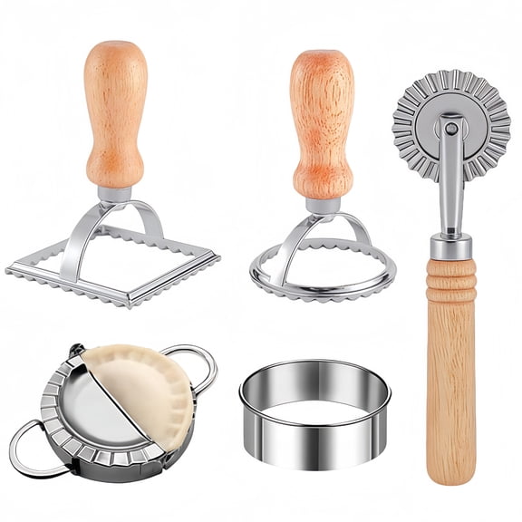 5 Pcs Pastry Cutter Set with Wooden Handle, Stainless Steel Pasta Press Wheel & Pasta Cutting Tools, Perfect for Homemade Pasta, Dumplings, Ravioli, Pizza Dough and Pastry Baking