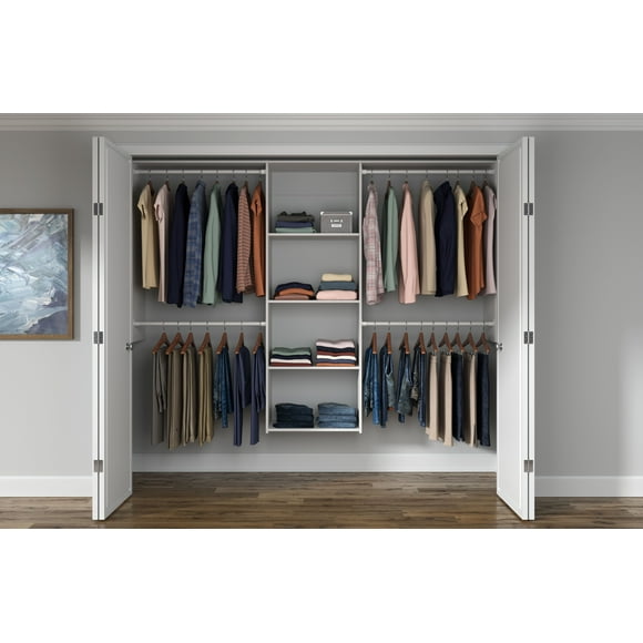 Easy Track Wood Laminate Closet Organizer with Shelves, White