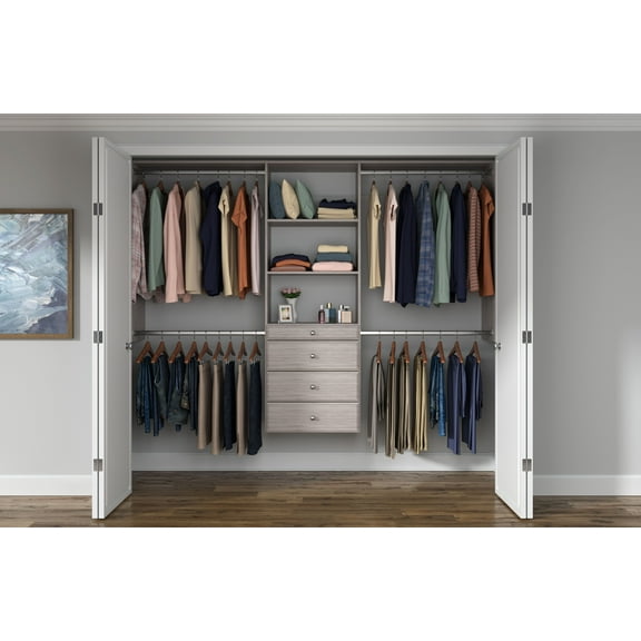 Easy Track Wood Laminate Deluxe Closet Organizer with Shelves and Drawers, Grey