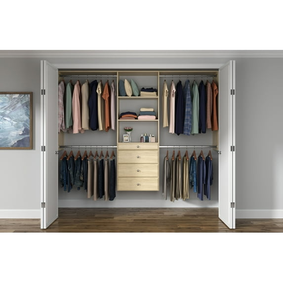 Easy Track Wood Laminate Deluxe Closet Organizer with Shelves and Drawers, Honey Blonde