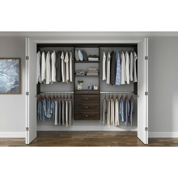 Easy Track Wood Laminate Deluxe Closet Organizer with Shelves and Drawers, Truffle