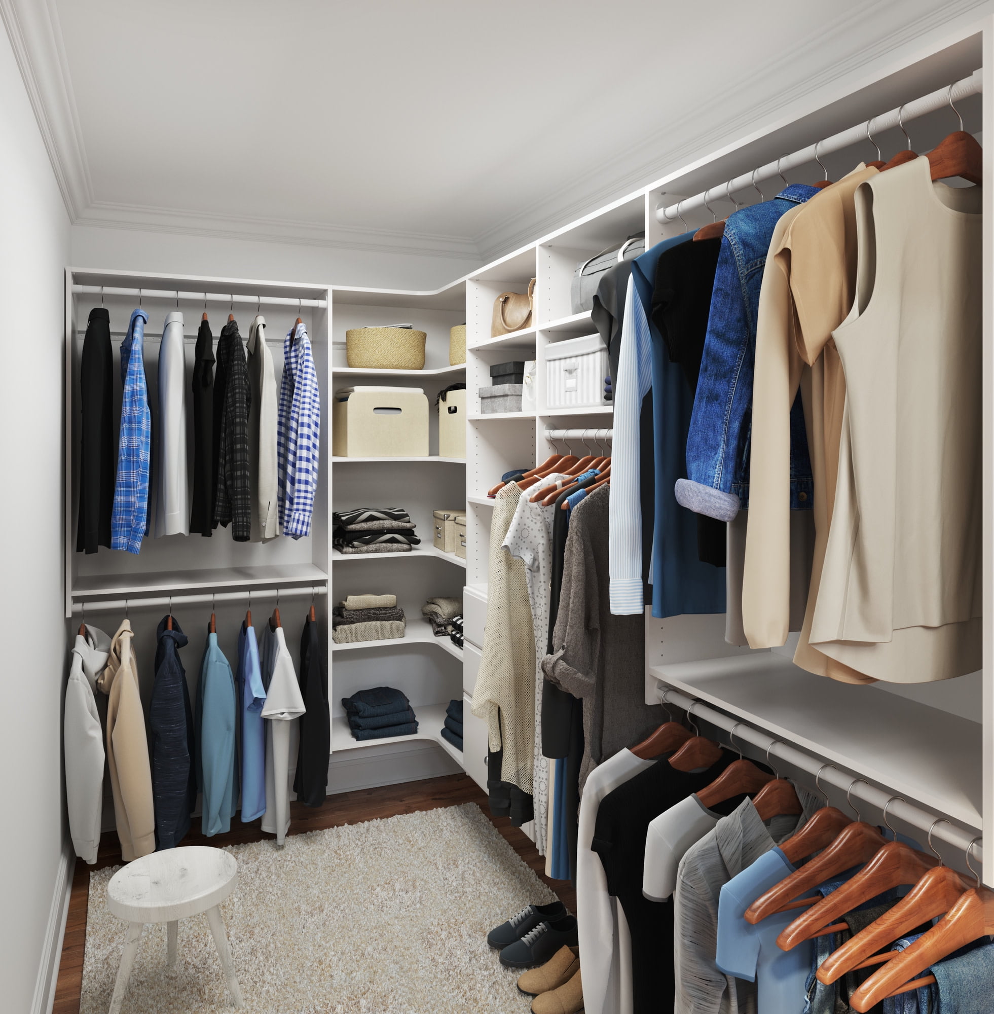White Wood Ultimate Corner Closet Organizer with Drawers