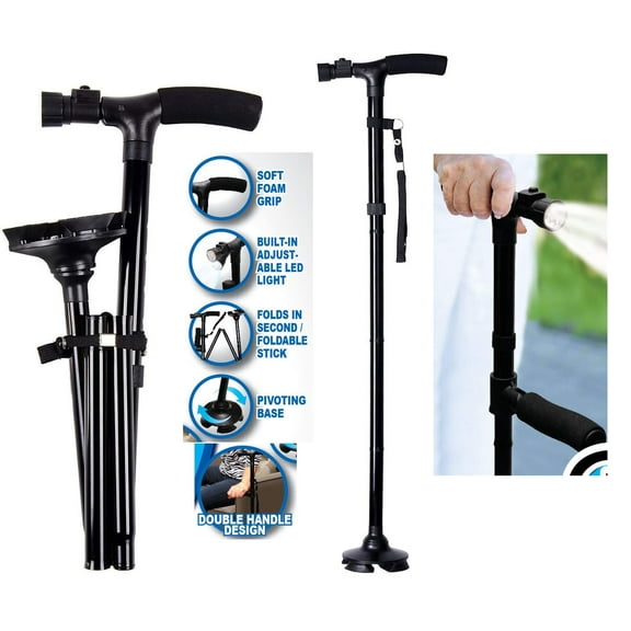 Easy Twin Grip Adjustable Cane Dependable Folding Cane with Built in LED Lights Pivoting Base