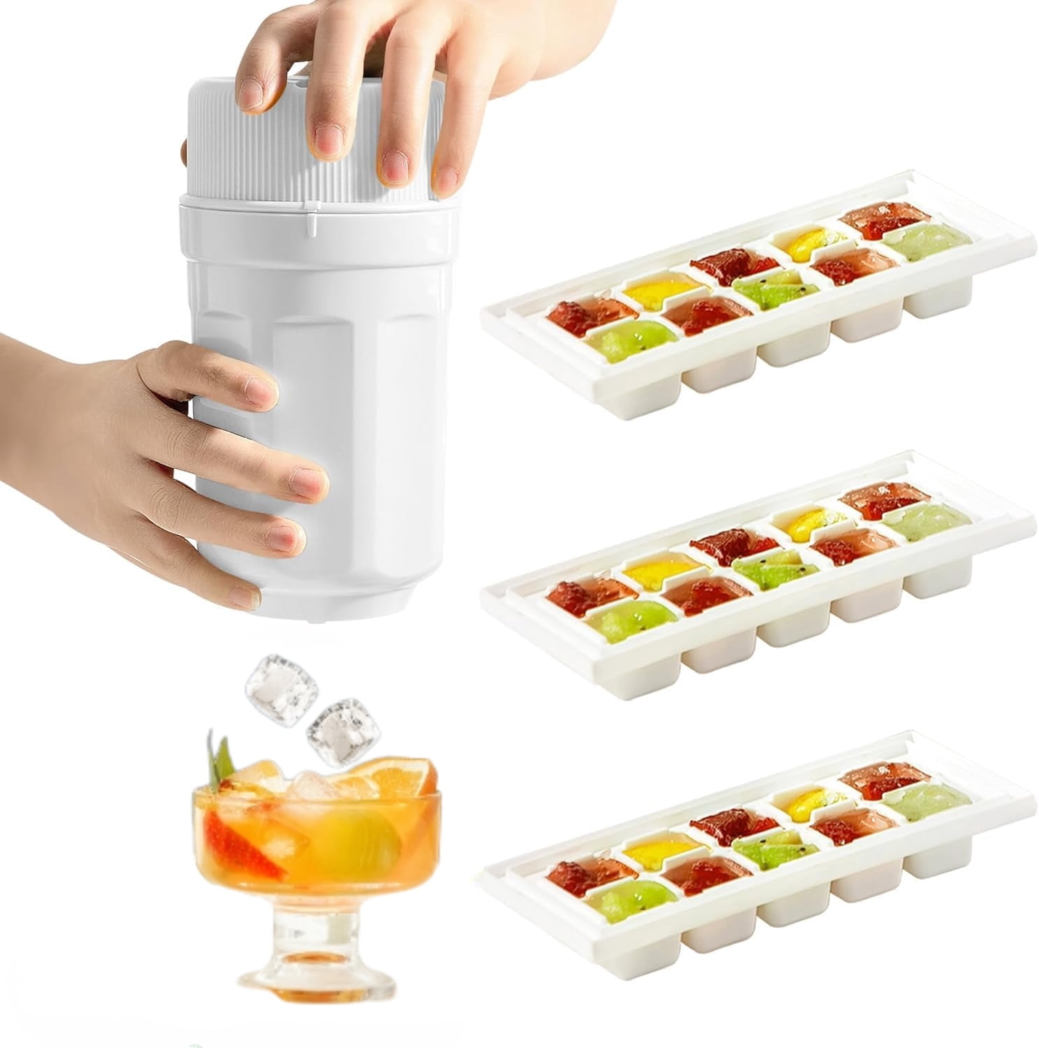 Easy-Twist Ice Cube Tray Kit with Lid - 3-Pack Stackable Ice Molds & Release Tool, BPA-Free Rotating Ice Maker for Whiskey, Cocktails & Home Bar (White)