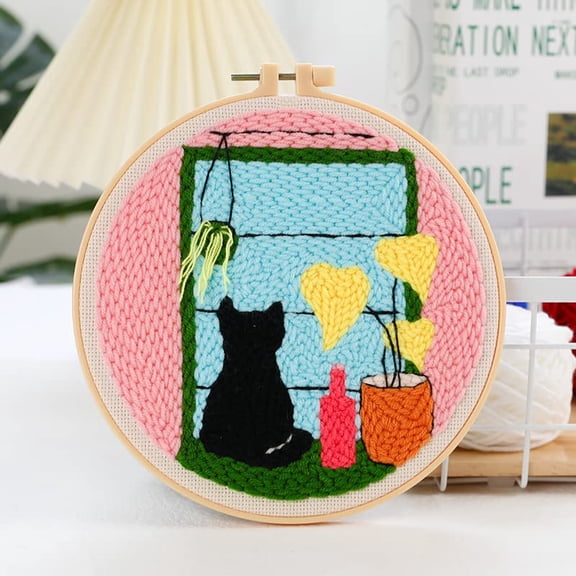 Easy Windowsill Cat Punch Needle Embroidery Starter Kits for Kids and Adults Beginners with Punch Needle Tool,Threader, Stamped Fabric Embroidery,Hoop, Yarn Rug Punch Needle