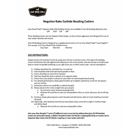 Easy Wood Tools 1/4" Negative Rake Beading Cutter (2820NR)