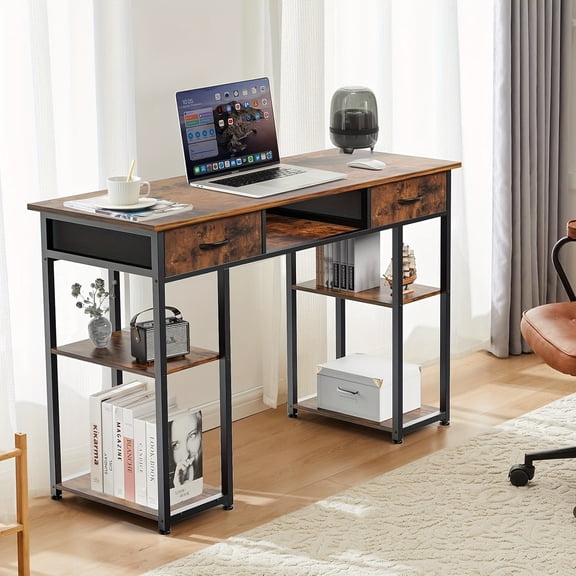Easy-to-Assemble Black Computer Workstation with Storage Cube & Fabric Drawers - Home Office Desk Organizer for Efficient Workspace