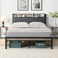 thumbnail image 1 of Modern Queen Size Metal Bed Frame with Wooden Headboard & Footboard & Storage, 1 of 12