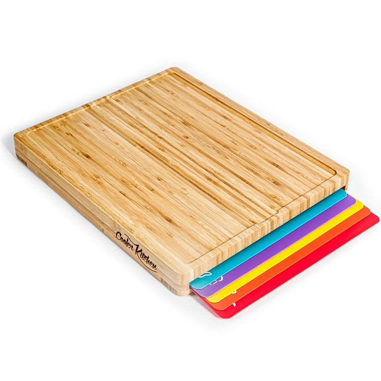 Bamboo Cutting Board with 7 Color-Coded Flexible Cutting Mat Set with Food Icons Bamboo Cutting Board with 7 Color-Coded Flexible Cutting Mat Set with Food Icons