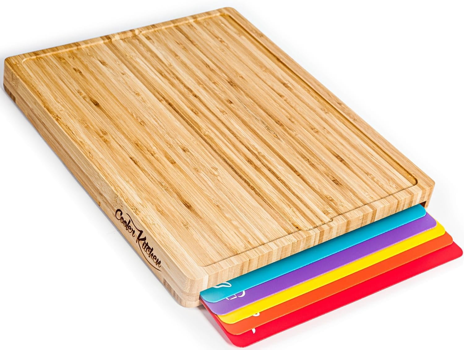 Easy-to-Clean Bamboo Wood Cutting Board with set of 6 Color-Coded Flexible Cutting Mats with Food Icons - Chopping Board Set
