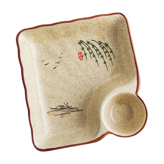 Easy to Cleaning Glazed Ceramic Square Serving Plate Featuring Vinegar Compartment for Dumplings Dim Sum