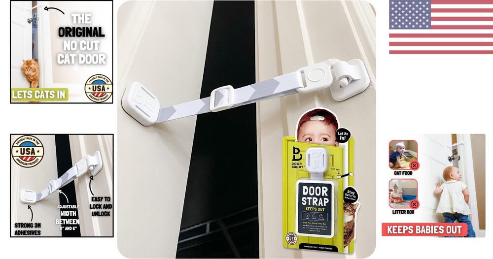 Easy to Install Baby Proof Door Strap Keeps Baby Out of Cat Food & Litter Box