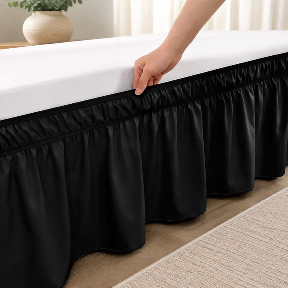 Easy to Install Wrap Around Bed Skirt, Three Fabric Sides, Elastic Dust Ruffled, 16 Inch Tailored Drop, Fade Resistant, Black, Twin/Twin XL