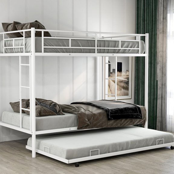 Easy - to - Manage - White Metal Bunk Bed with Trundle, Ships in One Package