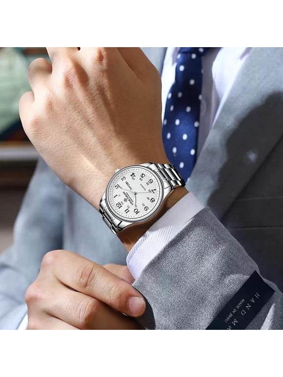 Easy-to-Read Analog Quartz Watch for Seniors Large Numerals Waterproof Luminous Wrist Watch for Women and Men Stainless Steel Band and Expansion Band