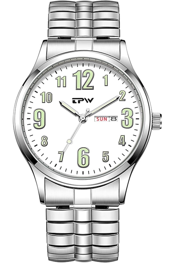 Easy-to-Read Men’s Quartz Watch Large Numbers Luminous Elastic Strap Stainless Steel Stretch Band Waterproof Watches