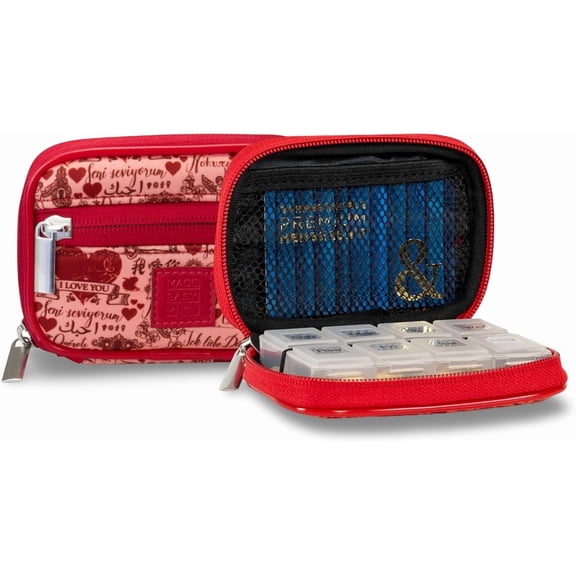 Easy-to-use set pill box for daily and travel - 7-day weekly medication supplement vitamin organizer classification tracker - nylon bag with pockets - compact portable 8 compartments (red love langua