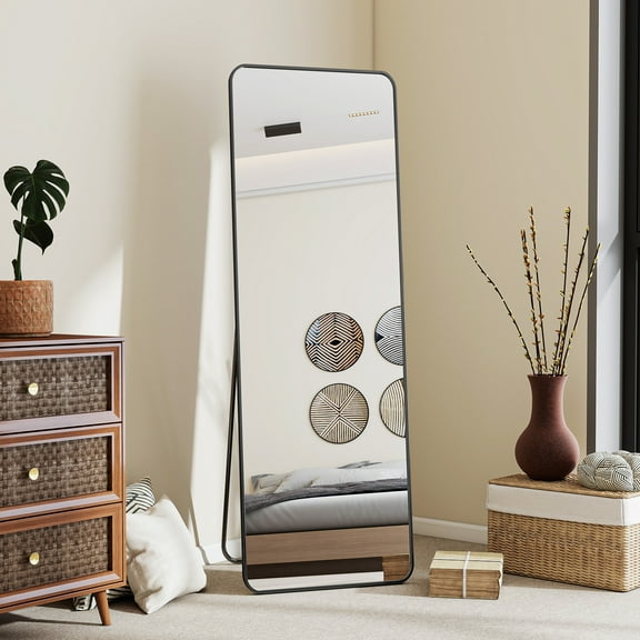 Easy4Home 16"x59" Rectangular Full Length Mirror with Round Corner Standing Full Body Mirror, Black
