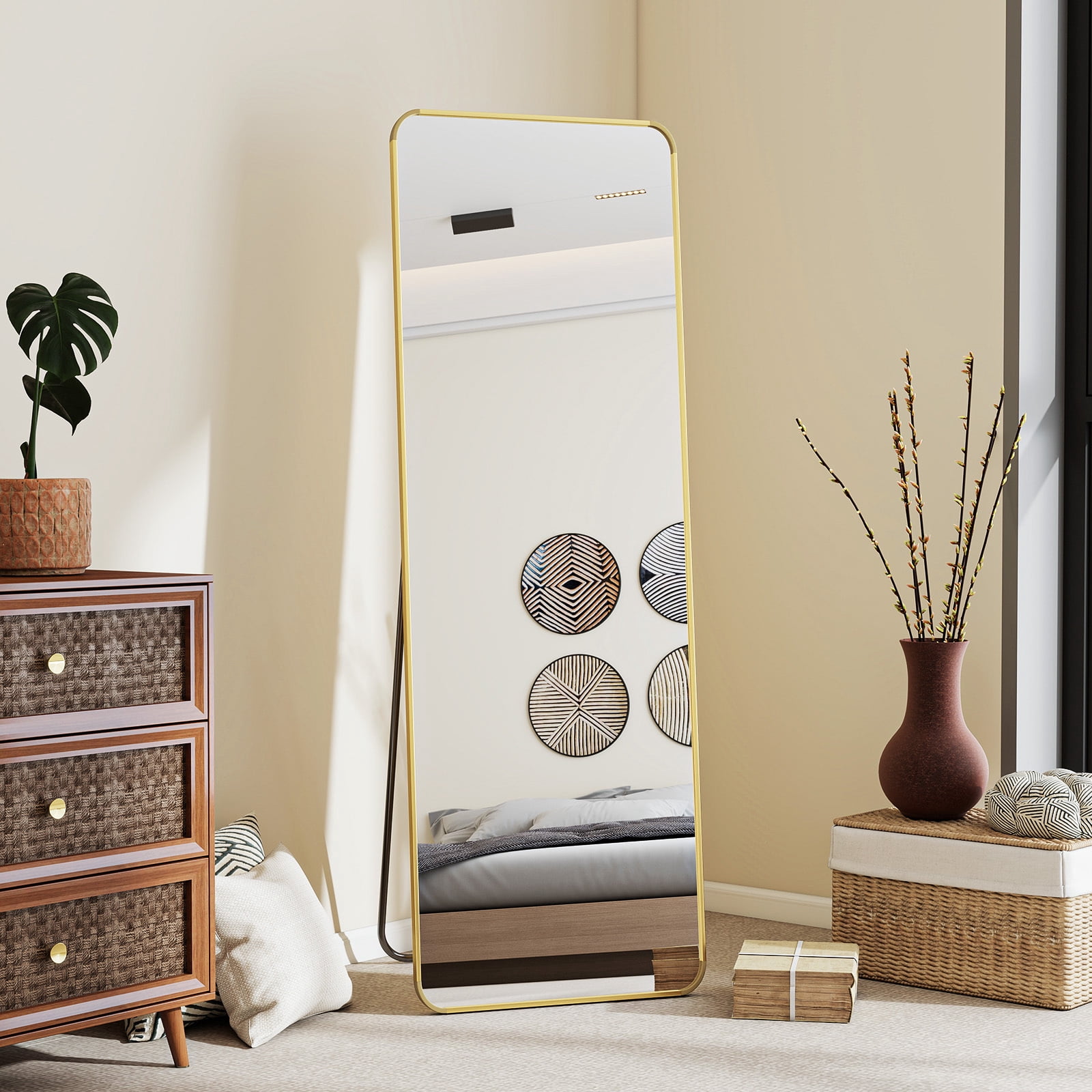 Easy4Home 16"x59" Rectangular Full Length Mirror with Round Corner Standing Full Body Mirror, Gold