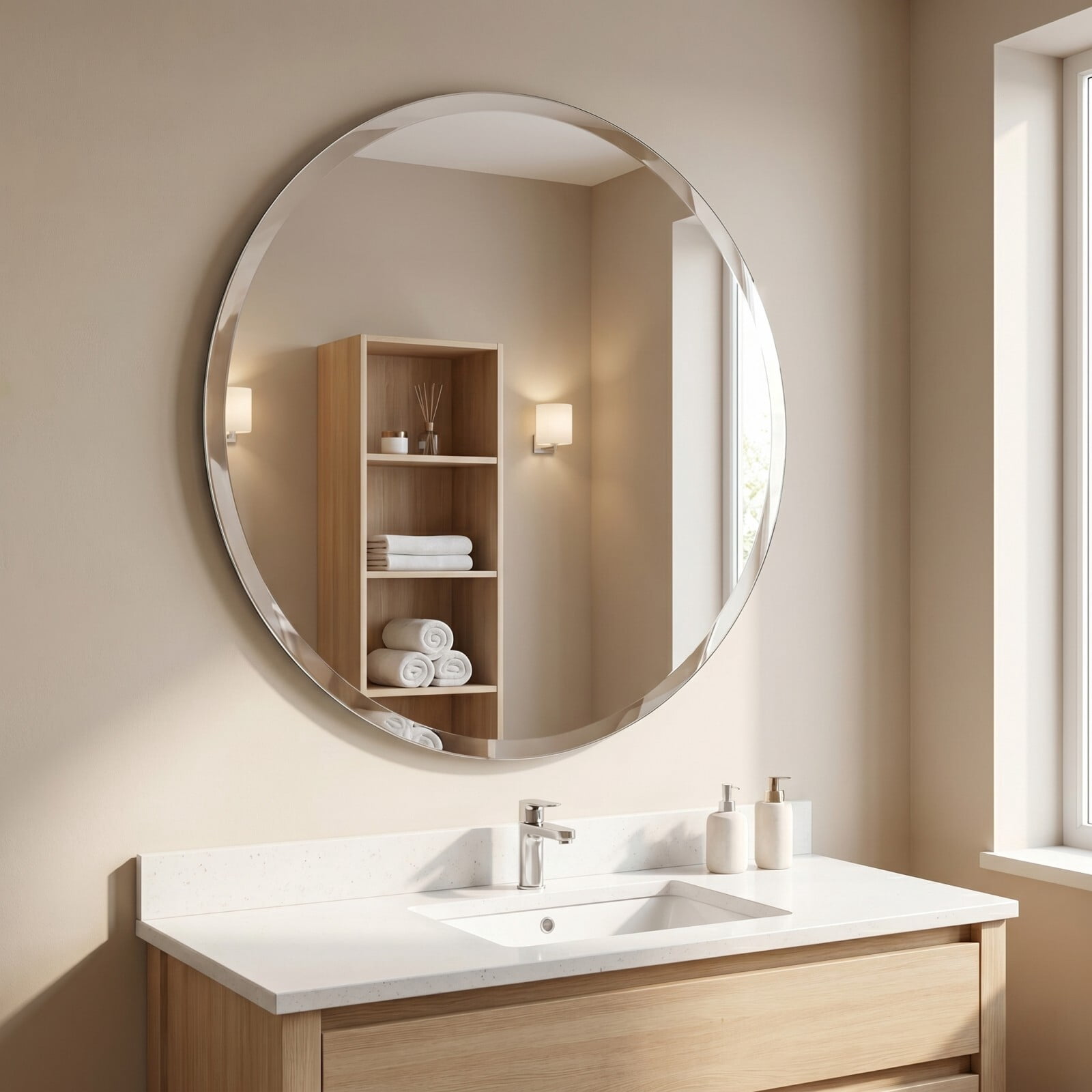Easy4Home 18"x18" Frameless Circle Bathroom Mirror Beveled Vanity Wall Mirror