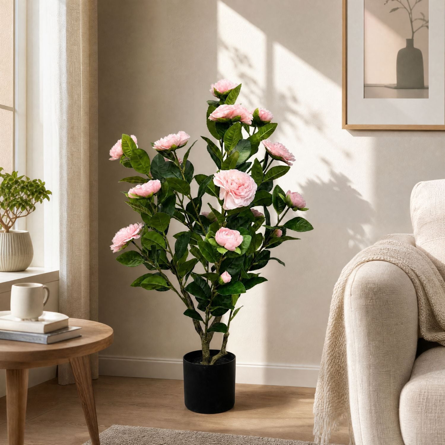 Easy4Home 2.6FT Artificial Flower Plant Fake Camellia Tree Potted Indoor, Pink