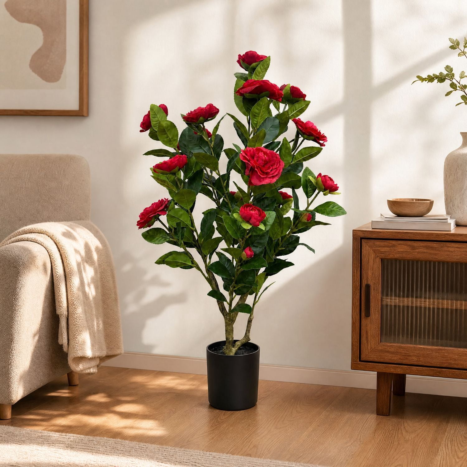 Easy4Home 2.6FT Artificial Flower Plant Fake Camellia Tree Potted Indoor, Red