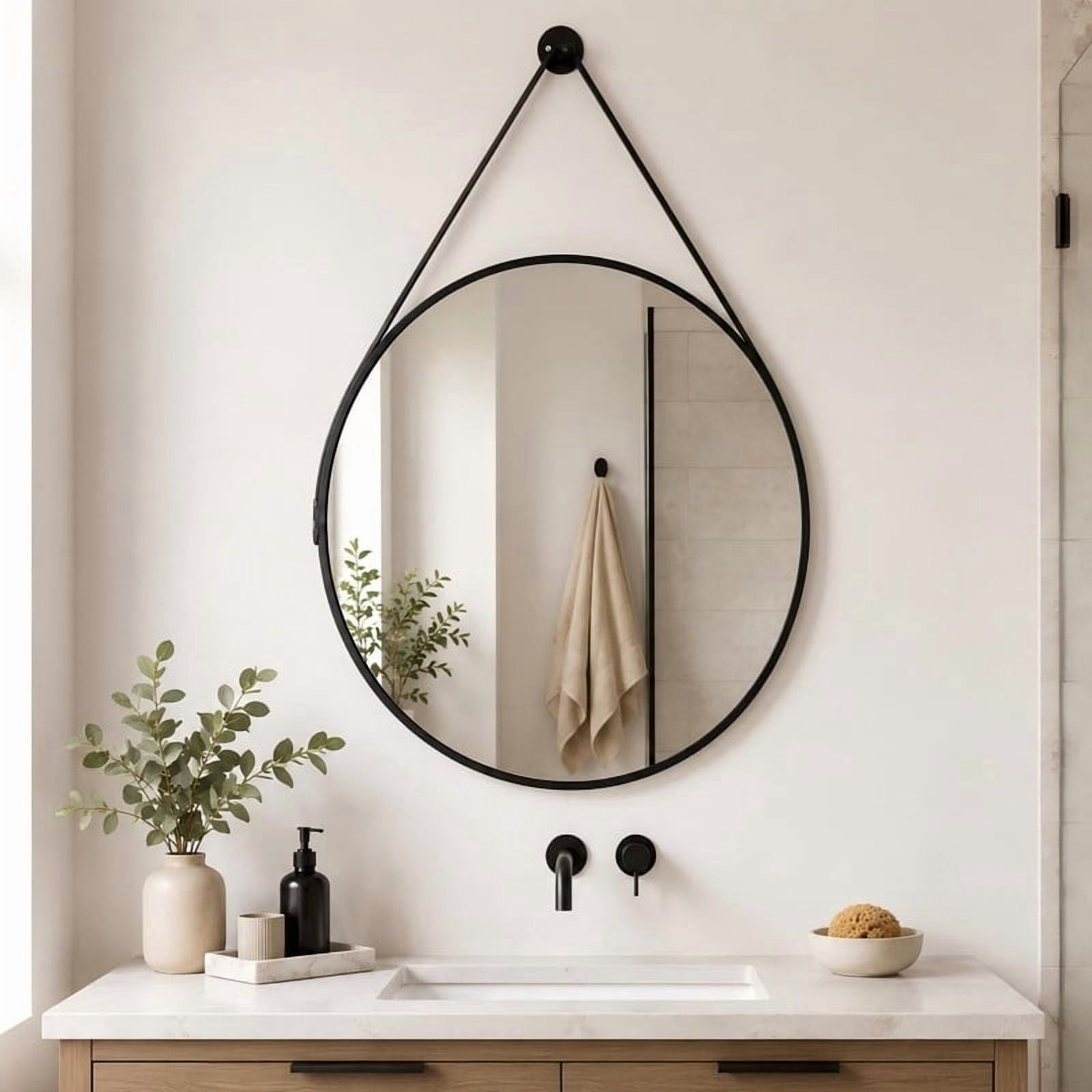 Easy4Home 20" Round Bathroom Mirror Vanity Mirror Wall Mounted with Leather Hanging Strap, Black