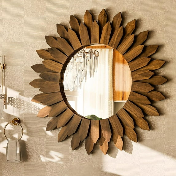 Easy4Home 20" Rustic Wood Mirror Wall Decoration Hanging Round Mirror,Dark Brown