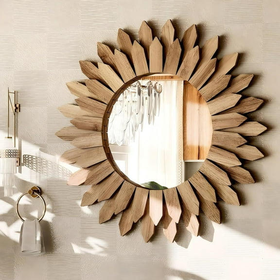 Easy4Home 20" Rustic Wood Mirror Wall Decoration Hanging Round Mirror,Light Brown