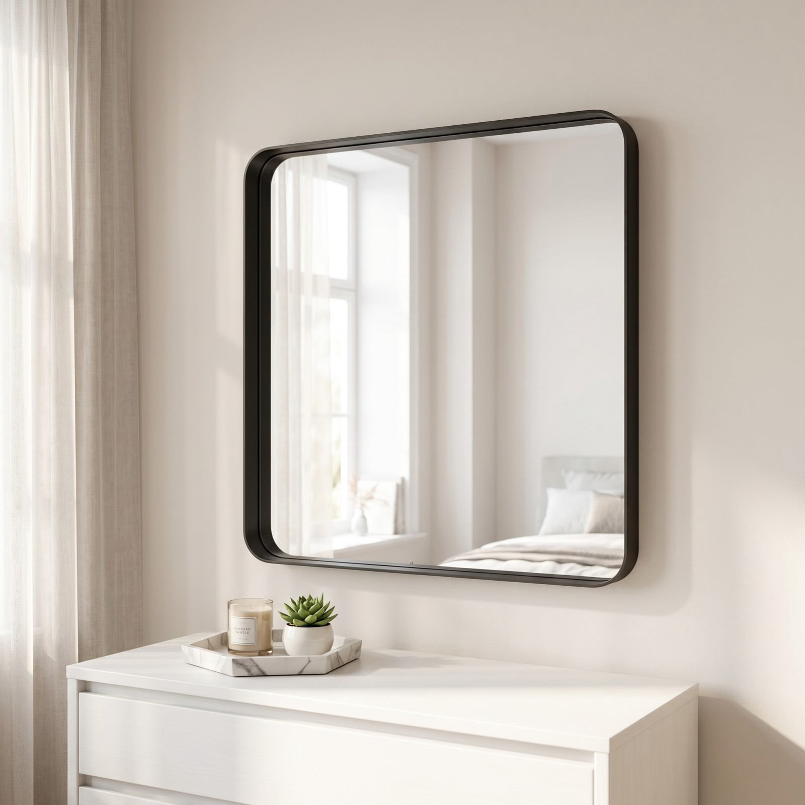 Easy4Home 20"x20" Deep Frame Rounded Rectangle Bathroom Mirror Decor Vanity Mirror Wall Mounted,Black