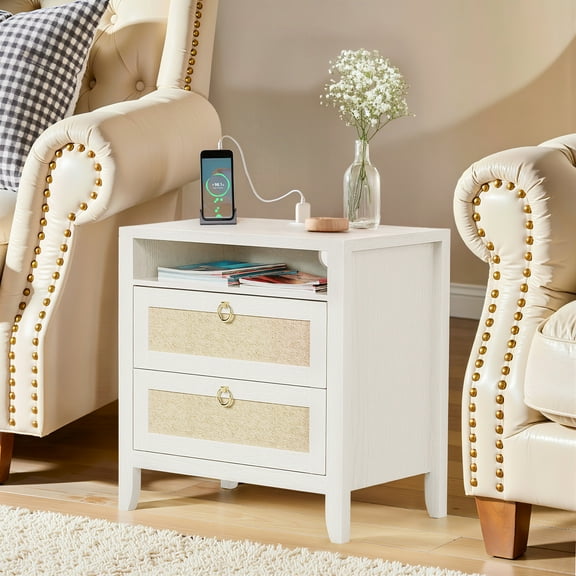 Easy4Home 23.6"H Nightstand with Charging Station, 2-Drawer Bedside Table with Storage Shelf, Boho Style Rattan Accent Table, Cream White