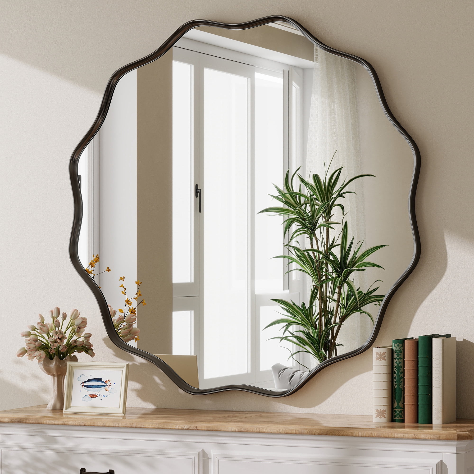 Easy4Home 24.2" Wavy Round Bathroom Mirror Wall Mounted Decorative Mirror With Deep Frame, Black