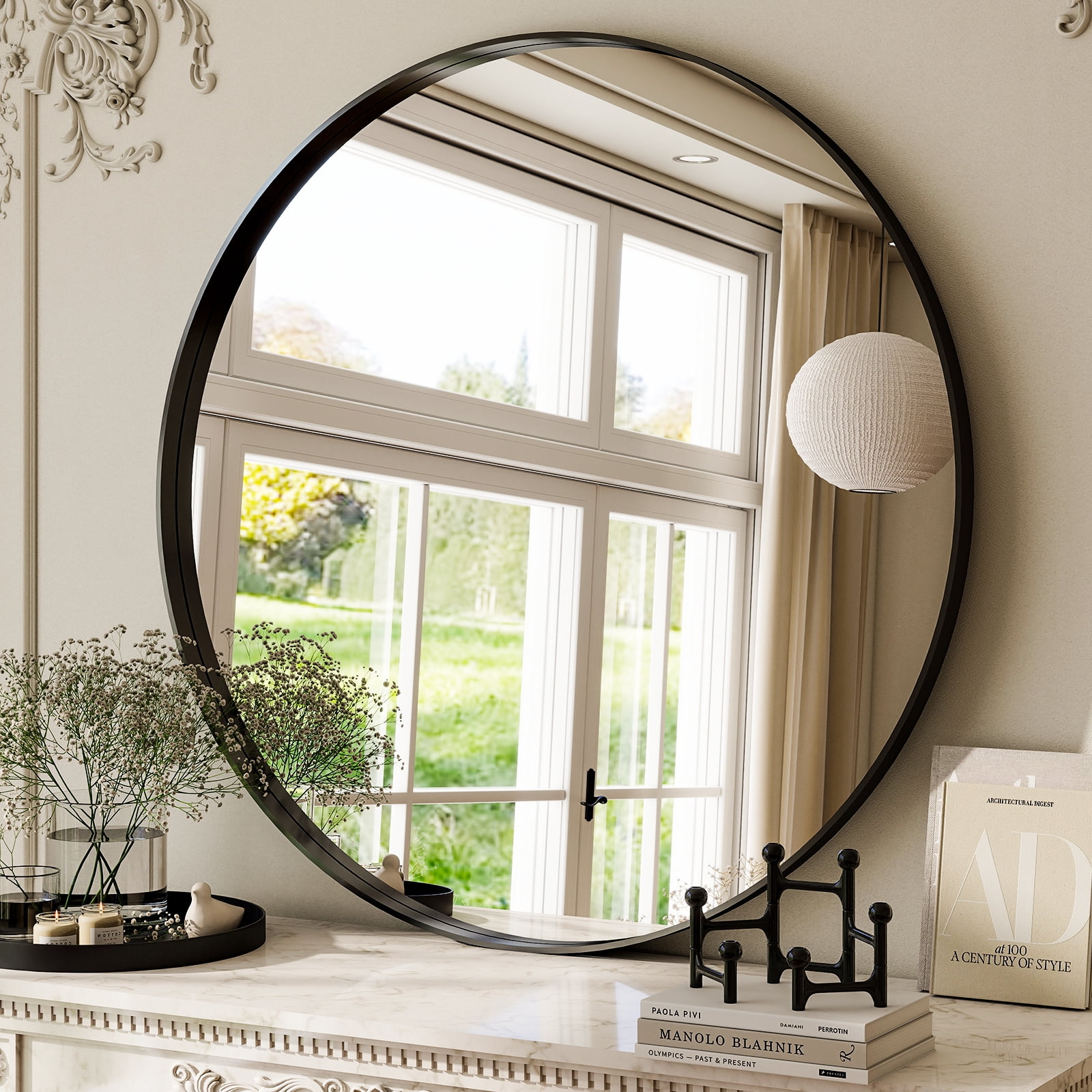 Easy4Home 24 Inch Round Bathroom Mirror Cricle Vanity Mirror Wall Mirror with Deep Frame, Black