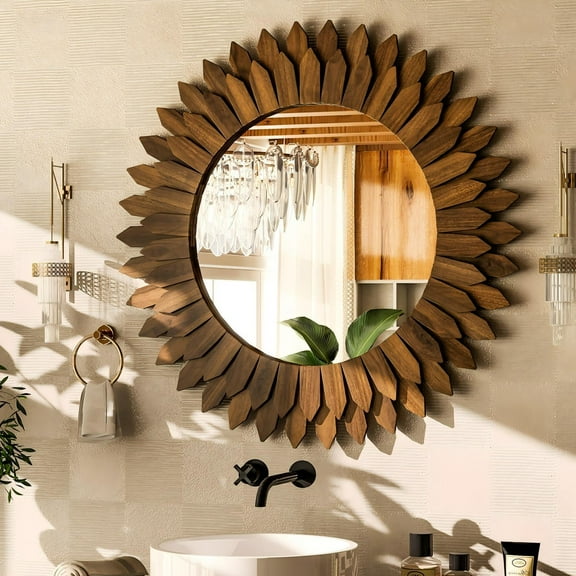 Easy4Home 24" Rustic Wood Mirror Wall Decoration Hanging Round Mirror,Dark Brown