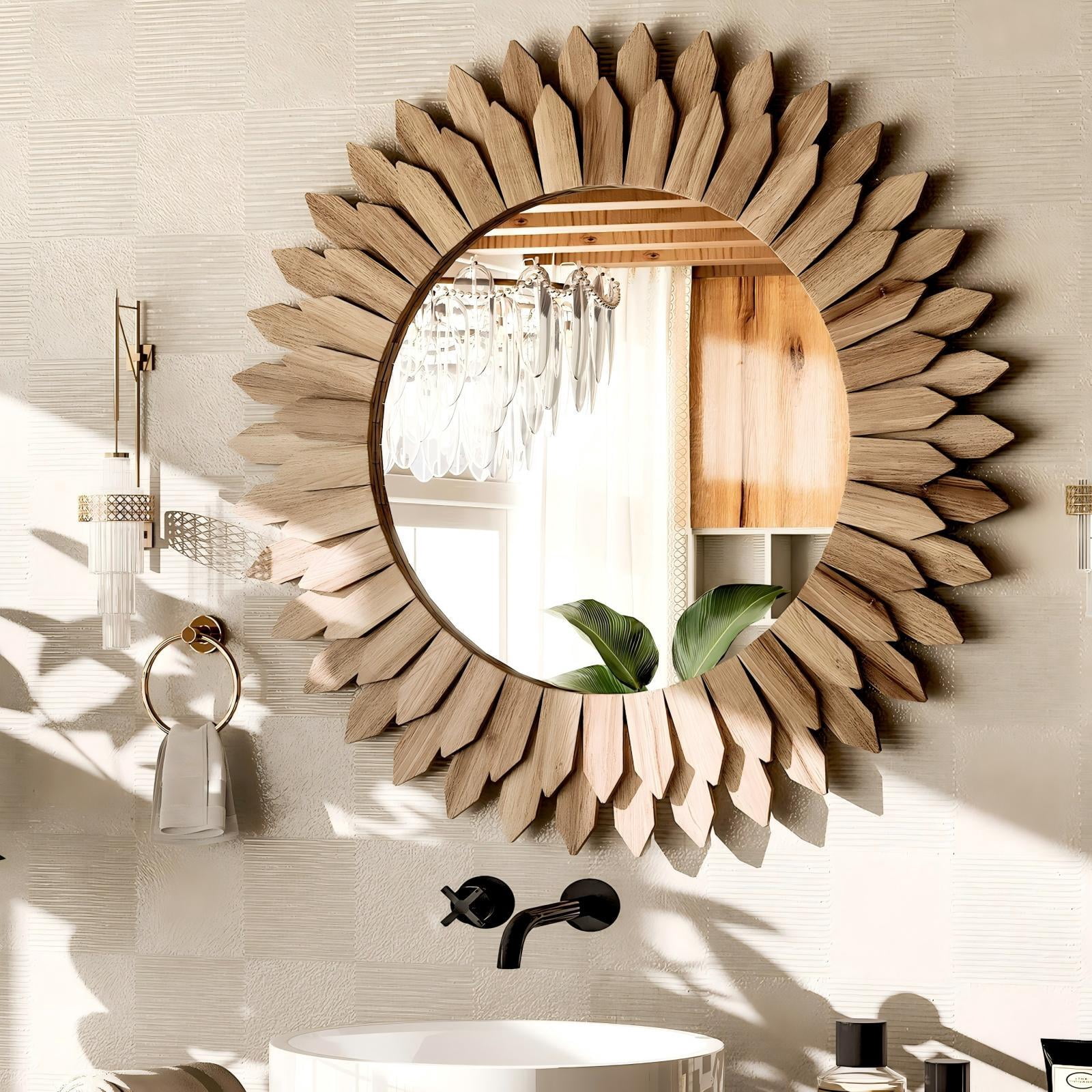 Easy4Home 24" Rustic Wood Mirror Wall Decoration Hanging Round Mirror,Light Brown
